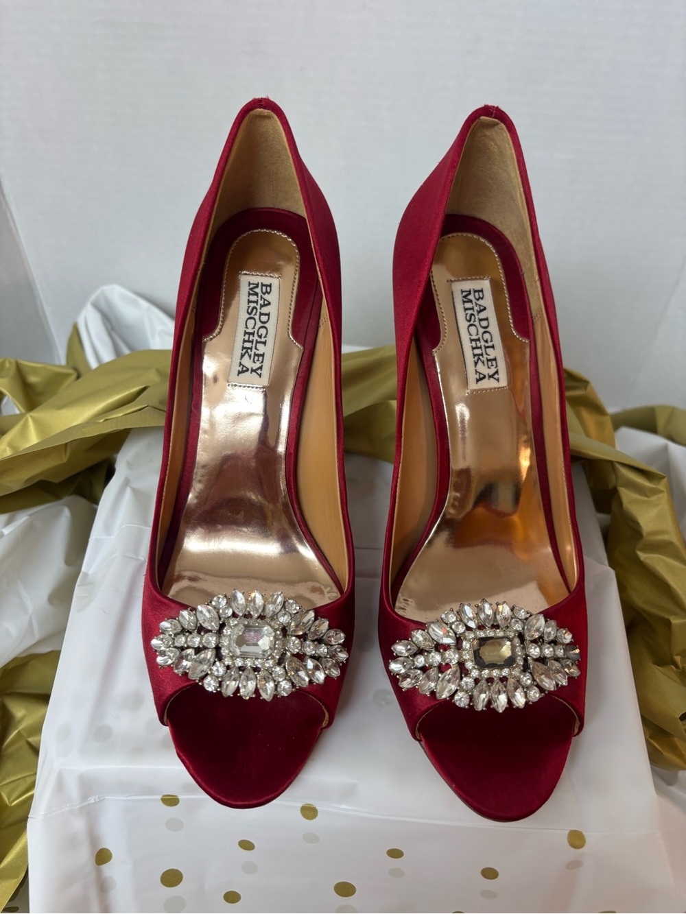 Badgley Mischka Red Satin Crystal-Embellished Peep-Toe Heels